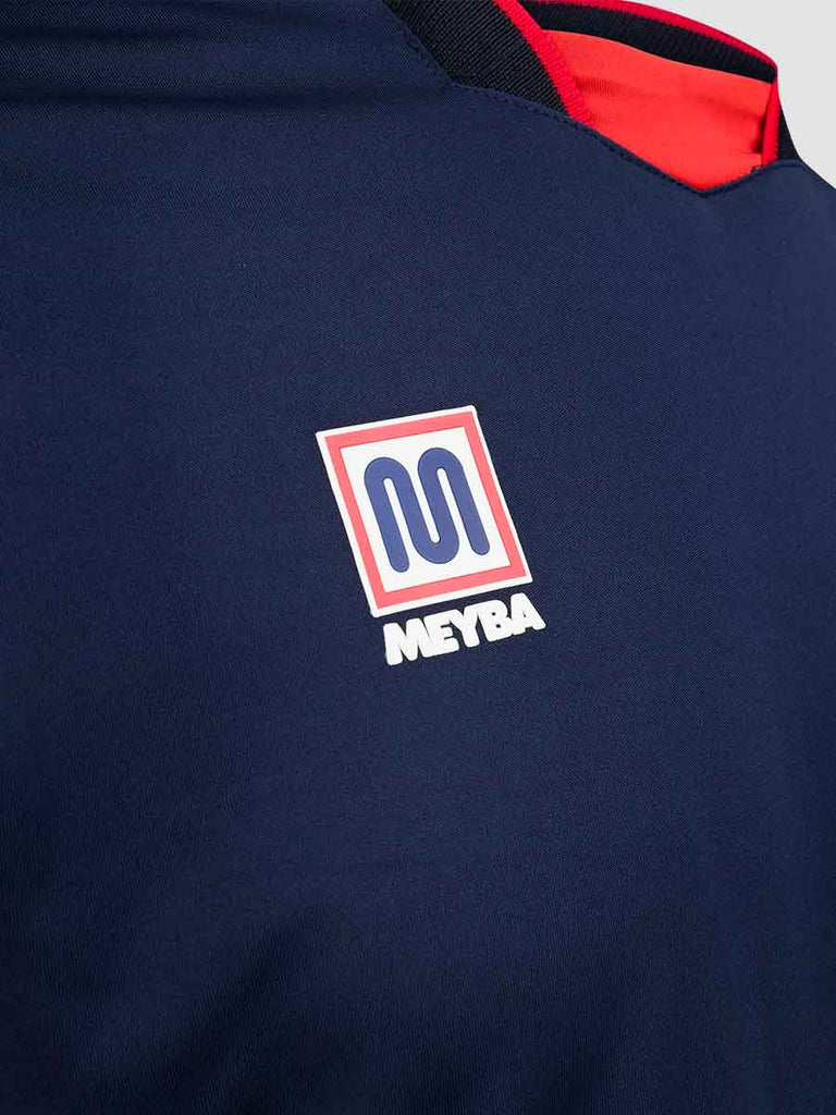 Meyba Men's Navy & Red Alpha Football Match Jersey - close up of Meyba logo on chest