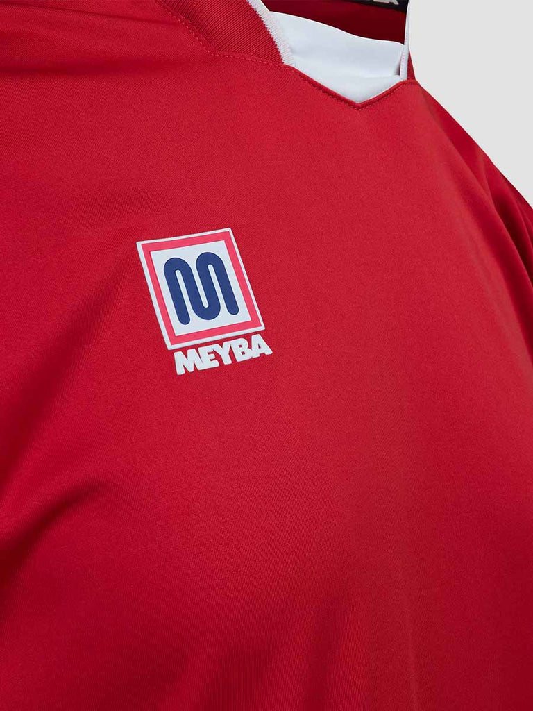 Meyba Men's Red & White Alpha Football Match Jersey - close up of Meyba logo on chest