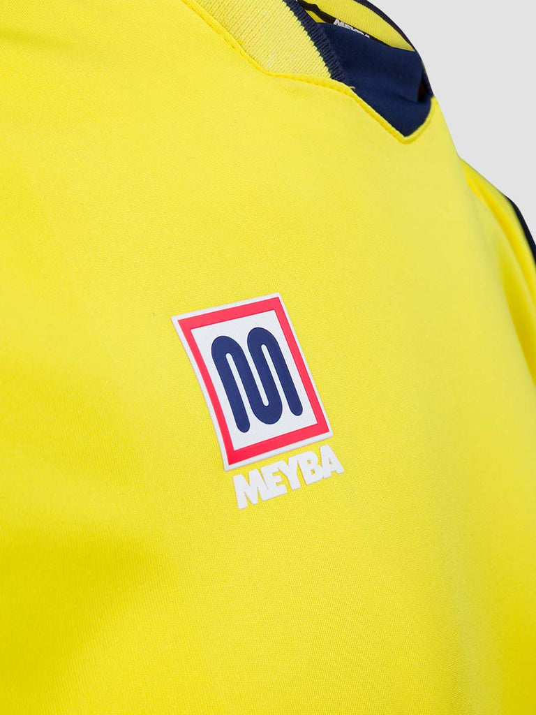 Meyba Men's Yellow & Navy Alpha Football Match Jersey - close up of Meyba logo on chest