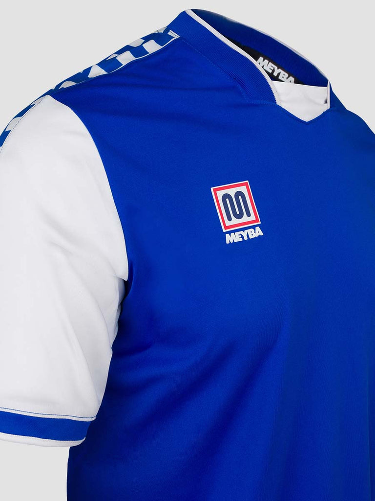 Meyba Men's Royal Blue & White Alpha Football Match Jersey - close up of Meyba logo on chest