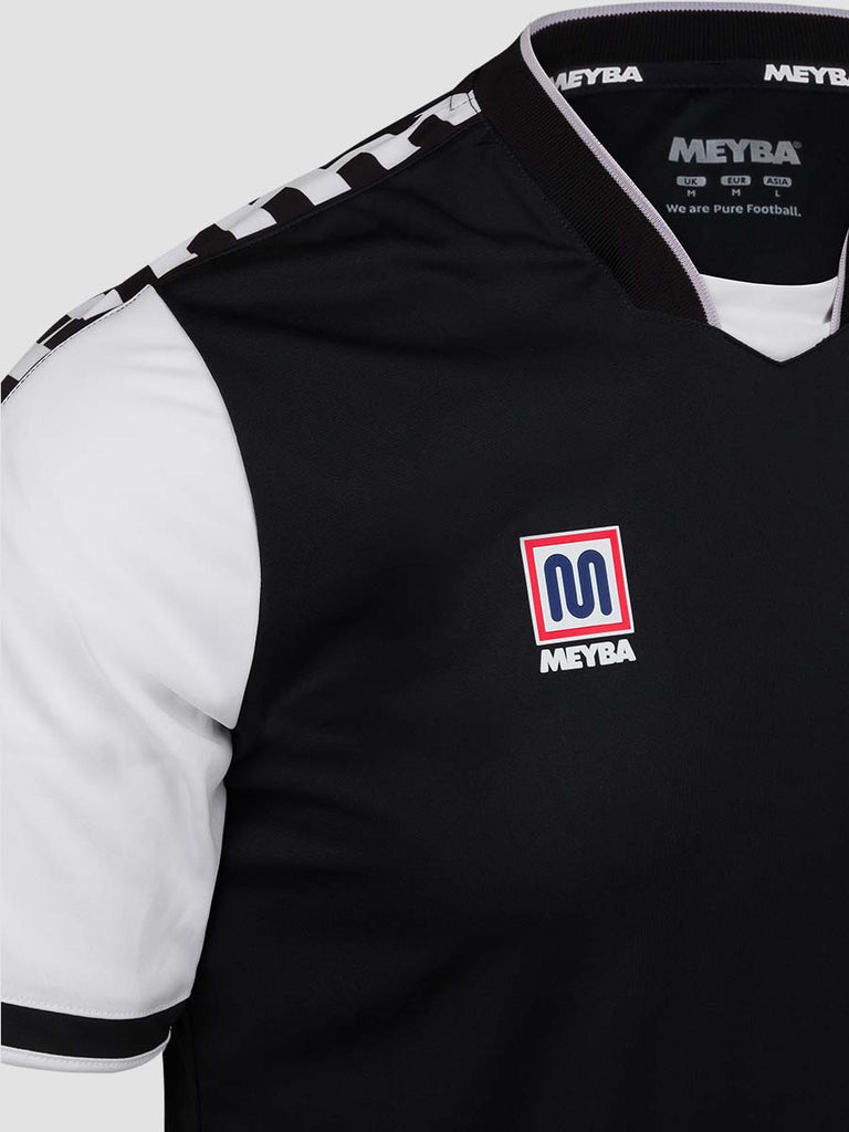 Meyba Men's Black & White Alpha Football Match Jersey - close up of Meyba logo on chest