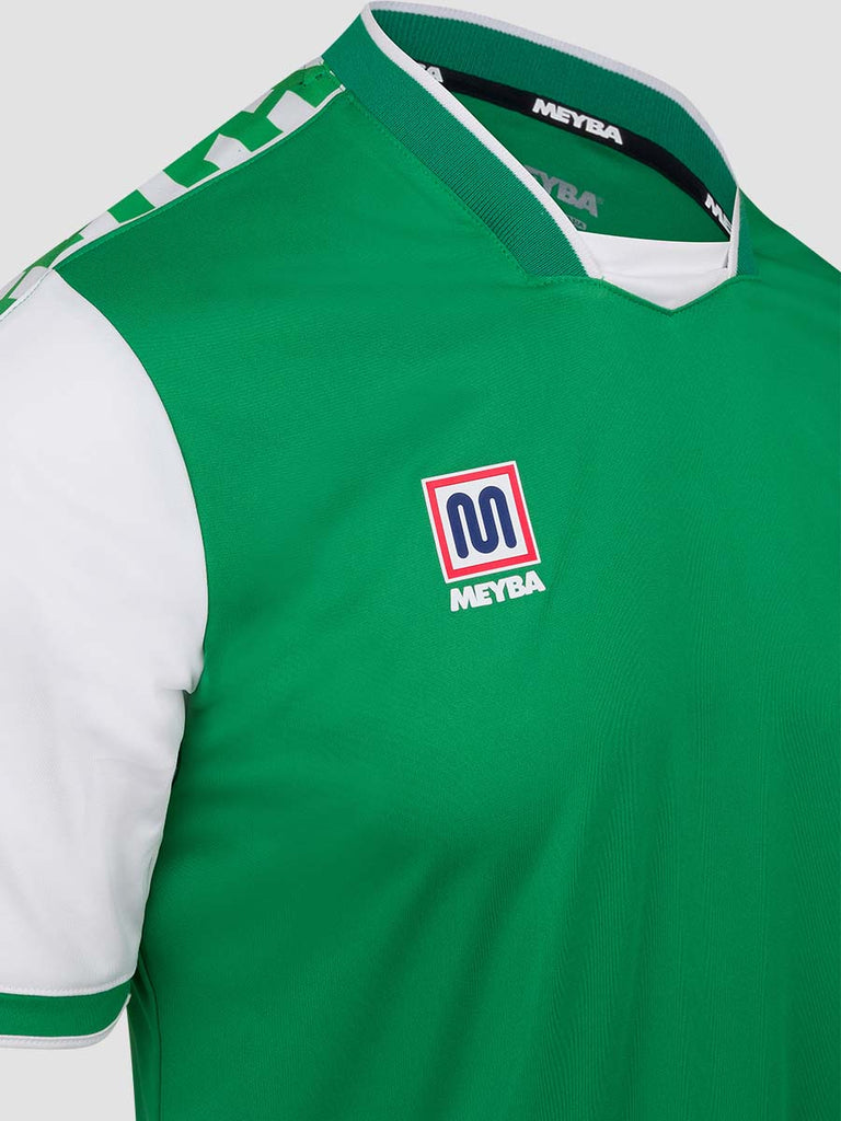 Meyba Men's Green & White Alpha Football Match Jersey - close up of Meyba logo on chest