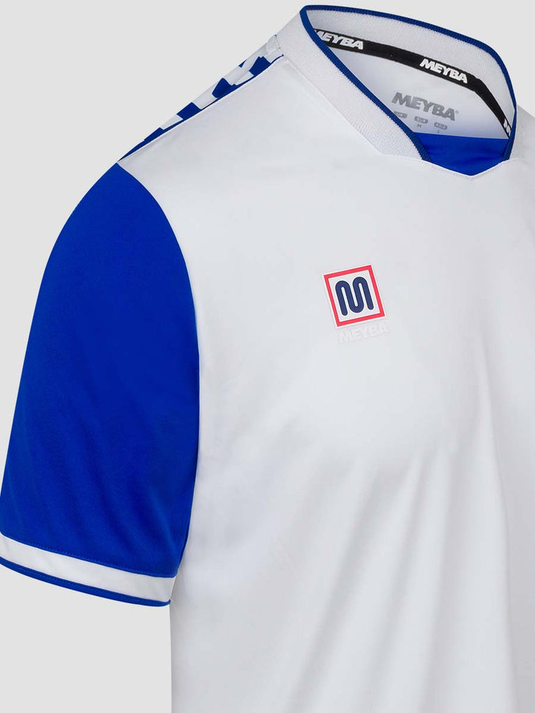 Meyba Men's White & Royal Blue Alpha Football Match Jersey - close up of Meyba logo on chest