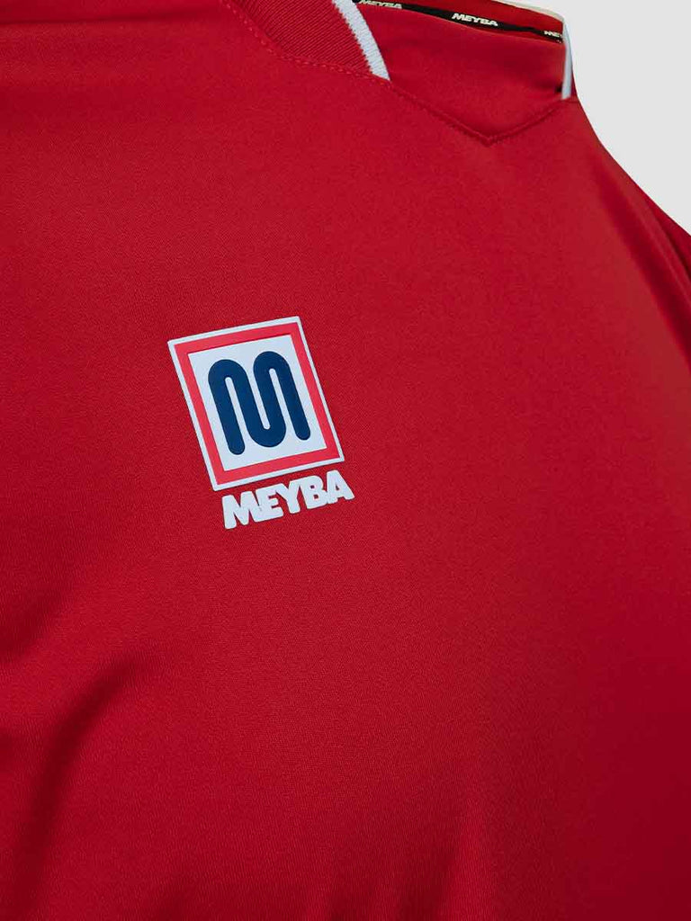 Meyba Men's Red Alpha Football Match Jersey - close up of Meyba logo on chest