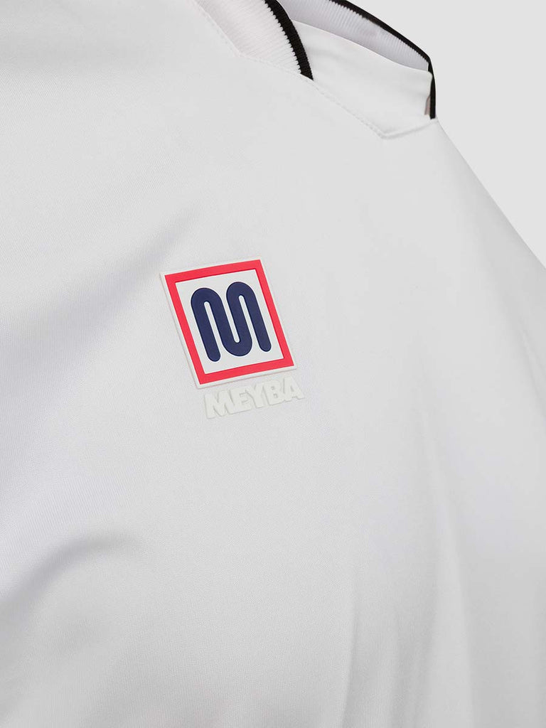 Meyba Men's White Alpha Football Match Jersey - close up of Meyba logo on chest