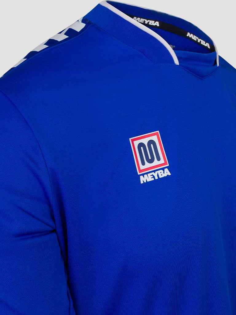 Meyba Men's Royal Blue Alpha Football Match Jersey - close up of Meyba logo on chest