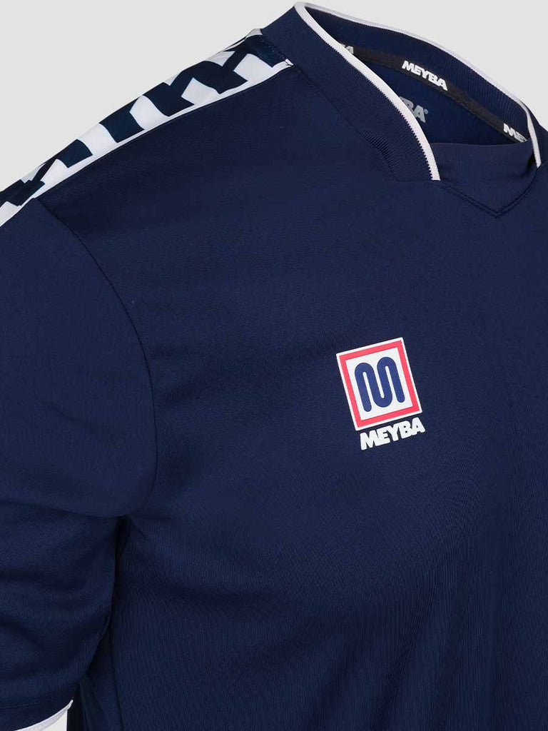 Meyba Men's Navy Alpha Football Match Jersey - close up of Meyba logo