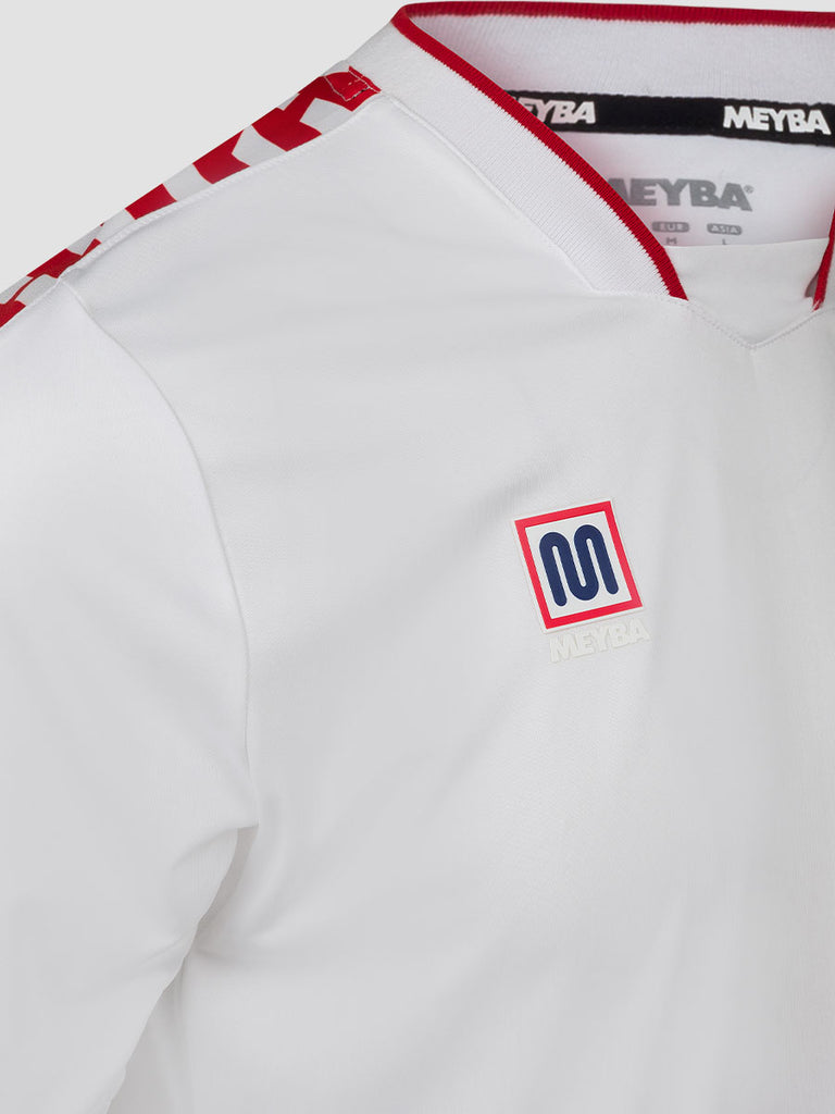 Meyba Men's White Alpha Football Match Jersey - close up of Meyba logo