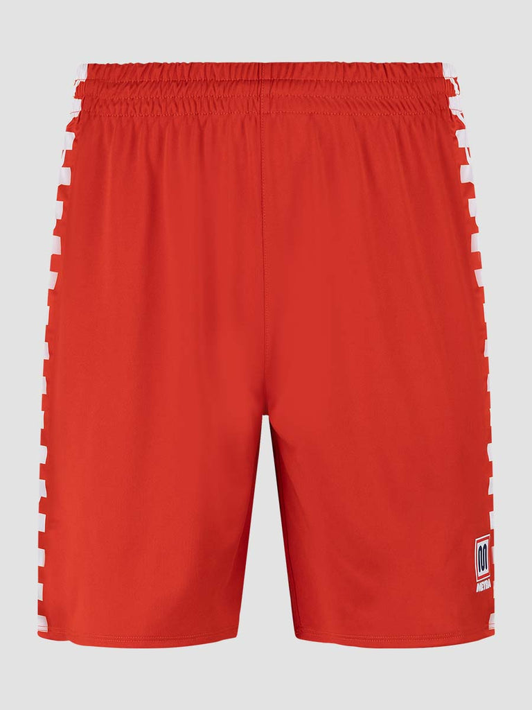 Men's Red Football Match Shorts with Meyba pattern down side leg - front angle