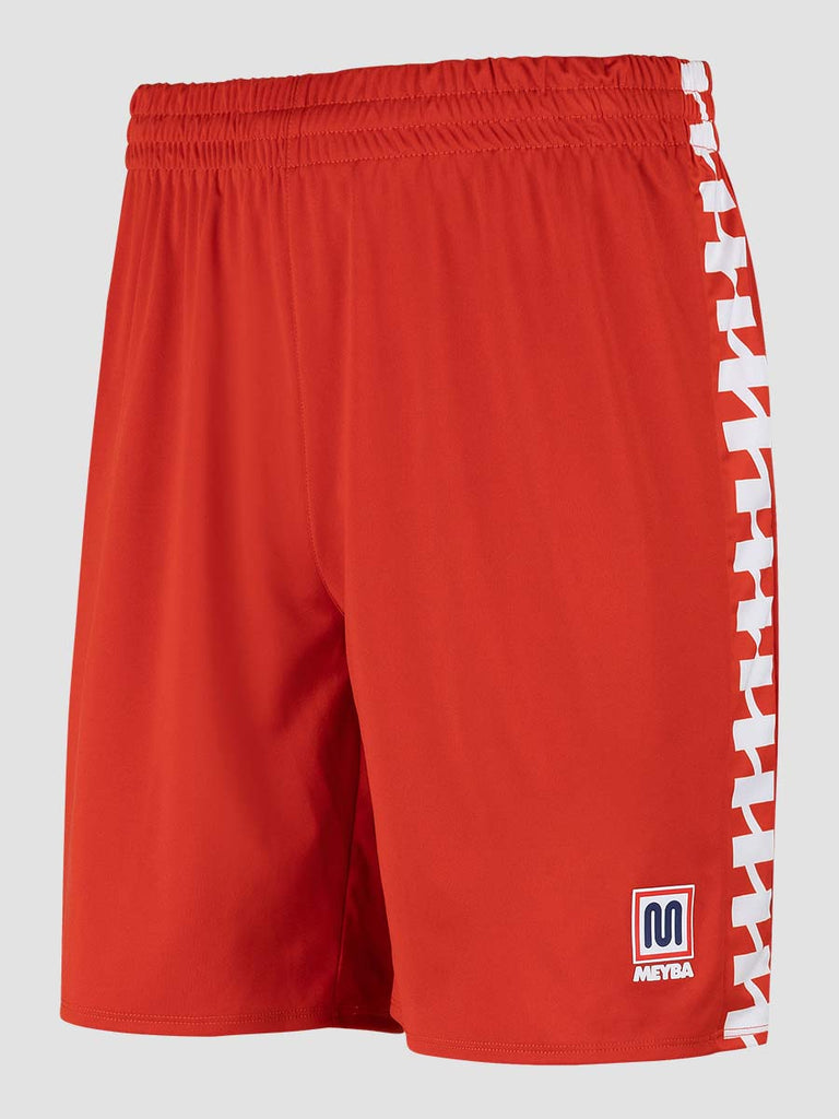 Men's Red Football Match Shorts with Meyba pattern down side leg - side angle