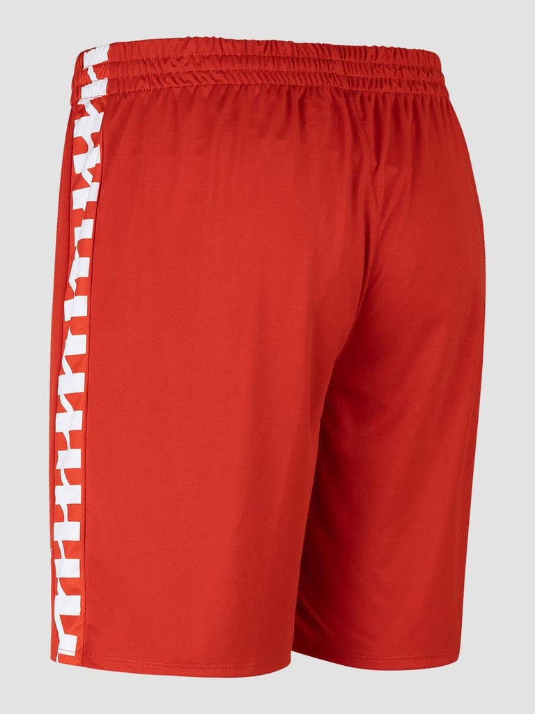Men's Red Football Match Shorts with Meyba pattern down side leg - back angle