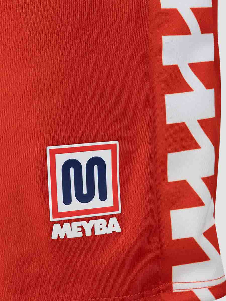 Men's Red Football Match Shorts with Meyba pattern down side leg - close up of Meyba logo and track detailing
