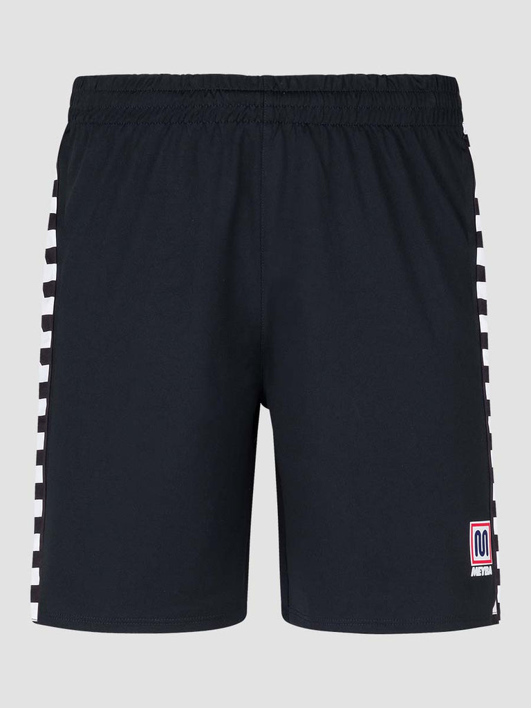 Men's Black Football Match Shorts with Meyba pattern down side leg - front angle