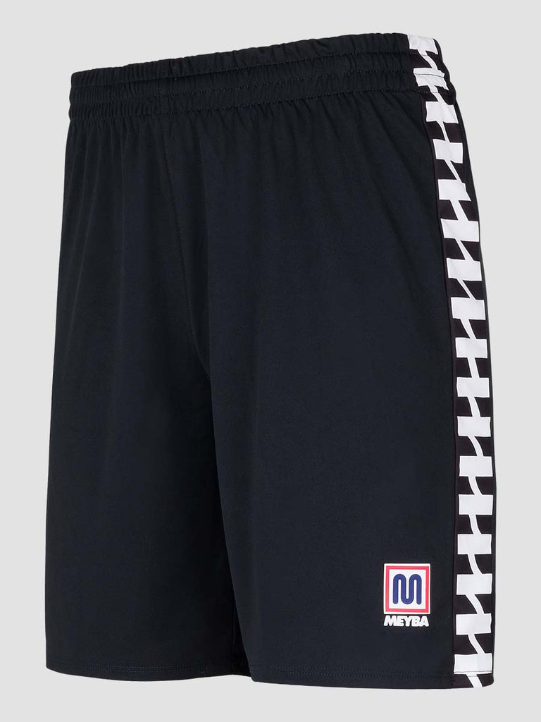 Men's Black Football Match Shorts with Meyba pattern down side leg - side angle