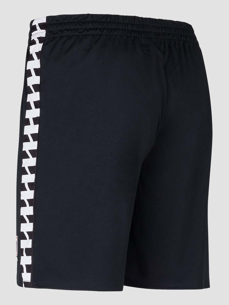 Men's Black Football Match Shorts with Meyba pattern down side leg - back angle