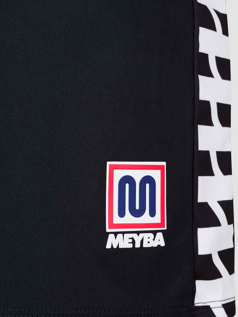 Men's Black Football Match Shorts with Meyba pattern down side leg - close up of Meyba logo and track branding