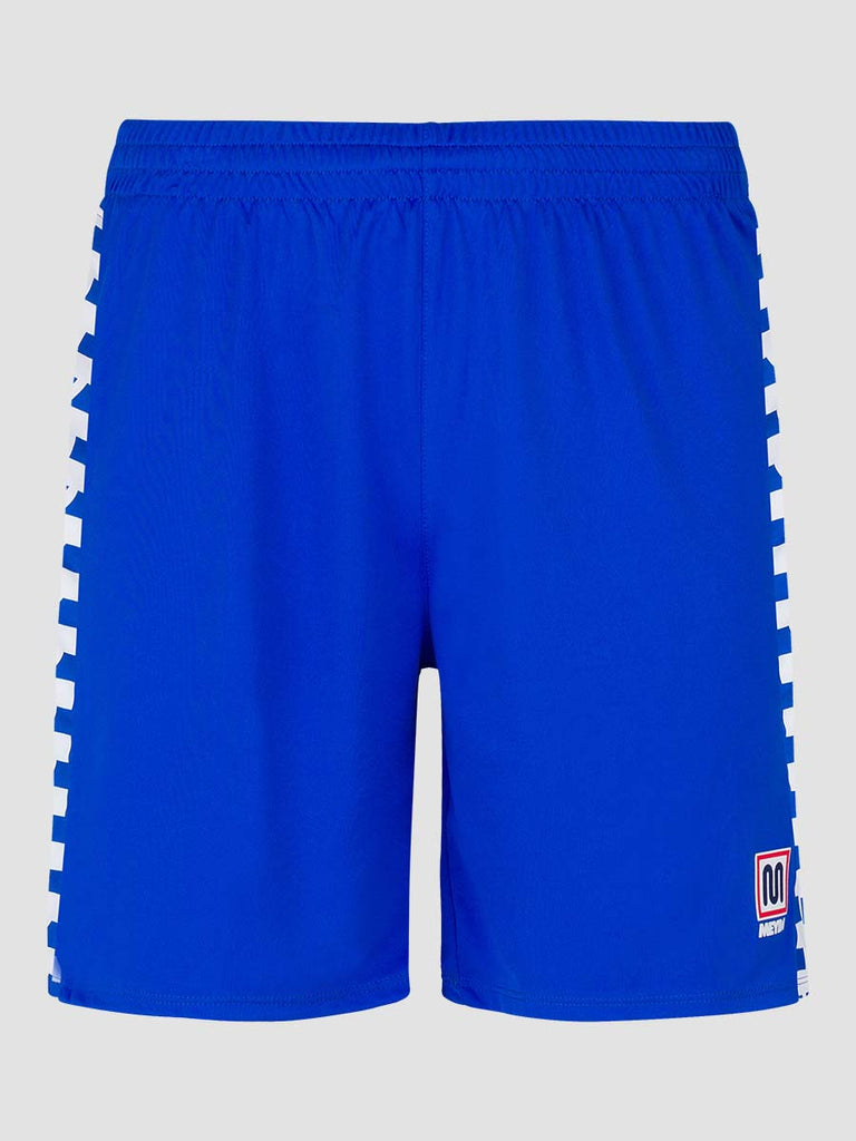 Men's Royal Blue Football Match Shorts with Meyba pattern down side leg - front angle