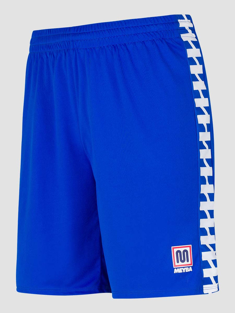 Men's Royal Blue Football Match Shorts with Meyba pattern down side leg - side angle