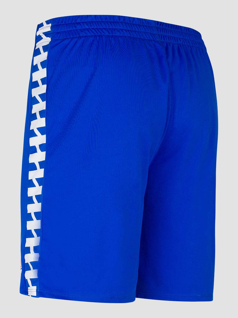 Men's Royal Blue Football Match Shorts with Meyba pattern down side leg - back angle