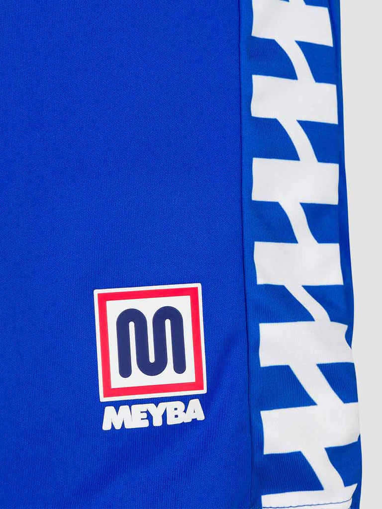 Men's Royal Blue Football Match Shorts with Meyba pattern down side leg - close up of Meyba logo and track branding