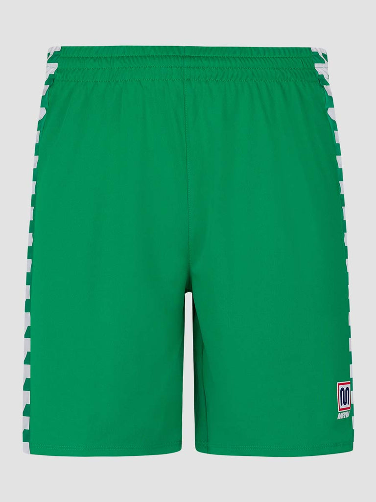Men's Green Football Match Shorts with Meyba pattern down side leg - front angle