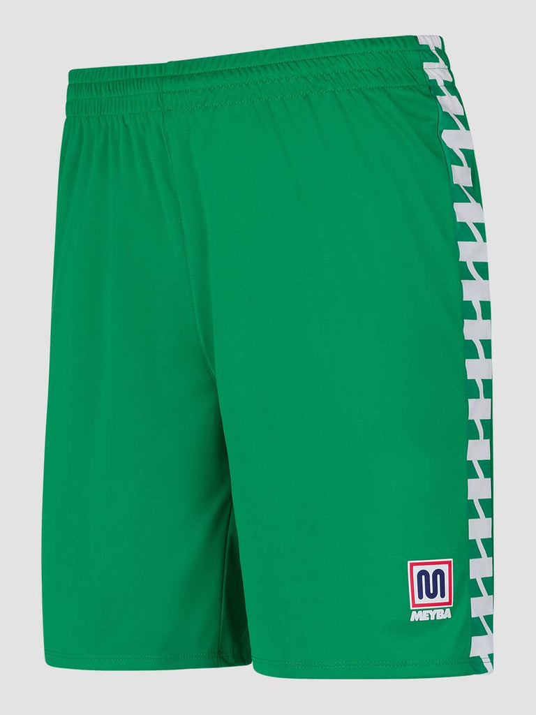 Men's Green Football Match Shorts with Meyba pattern down side leg - side angle