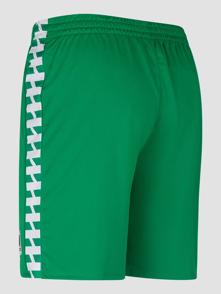Men's Green Football Match Shorts with Meyba pattern down side leg - back angle