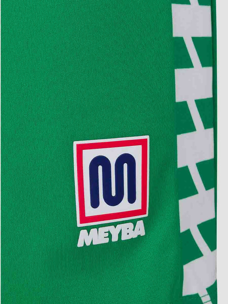 Men's Green Football Match Shorts with Meyba pattern down side leg - close up Meyba logo and track branding