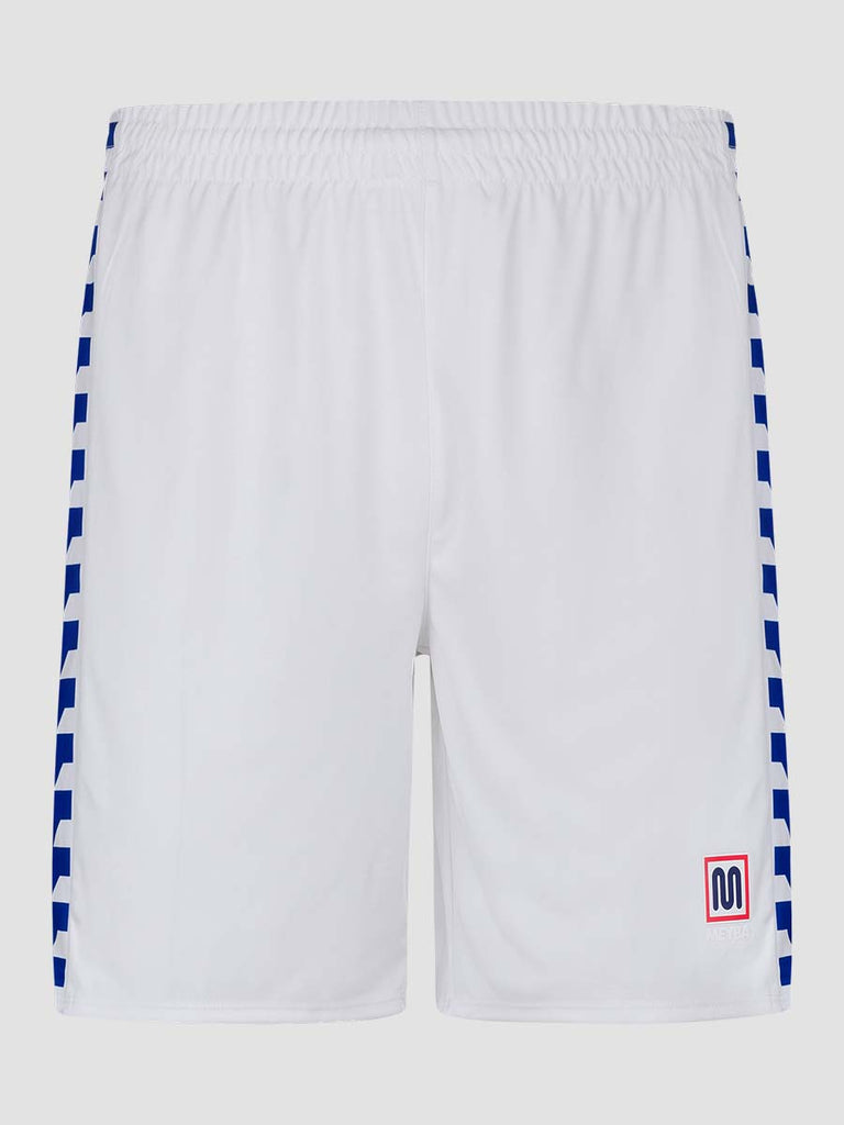 Men's White Football Match Shorts with Meyba pattern down side leg - front angle