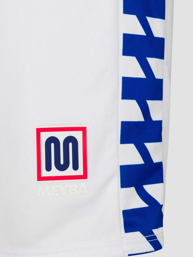 Men's White Football Match Shorts with Meyba pattern down side leg - close up of Meyba logo & track branding