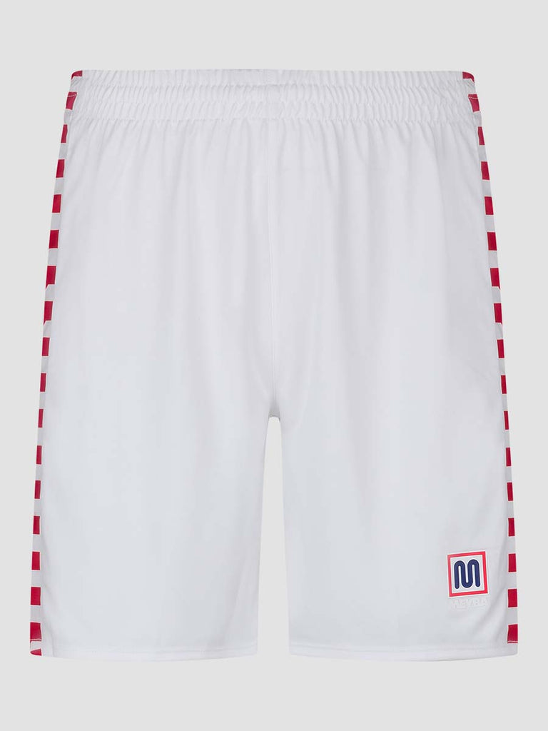 Men's White Football Match Shorts with Meyba pattern down side leg - front angle