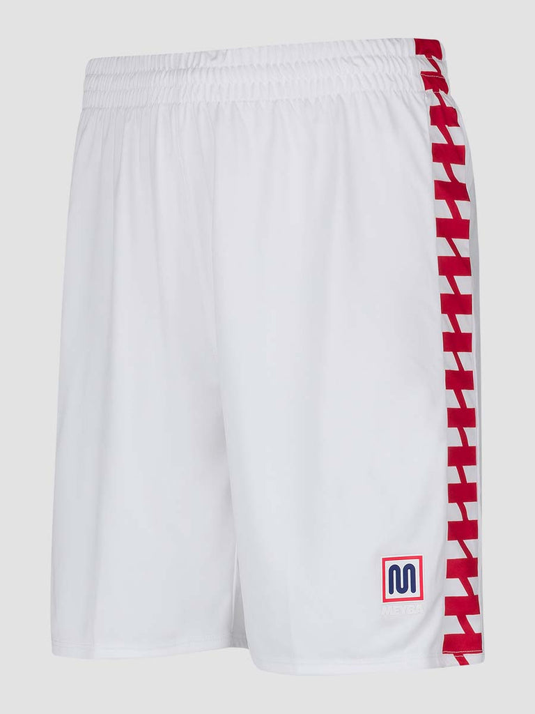 Men's White Football Match Shorts with Meyba pattern down side leg - side angle