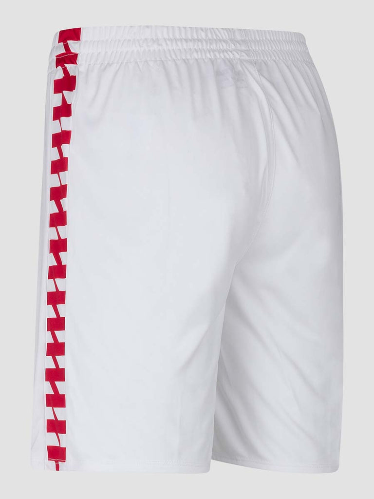 Men's White Football Match Shorts with Meyba pattern down side leg - back angle