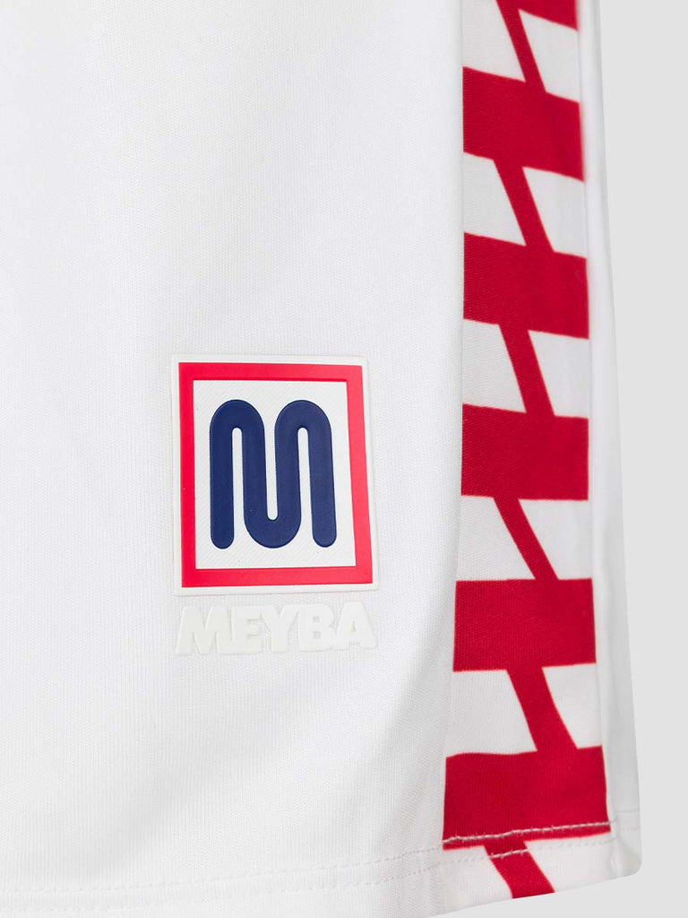 Men's White Football Match Shorts with Meyba pattern down side leg - close up of Meyba logo & track detailing