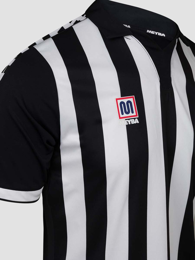 Meyba Men's Black & White Alpha Stripe Football Match Jersey - close up of Meyba