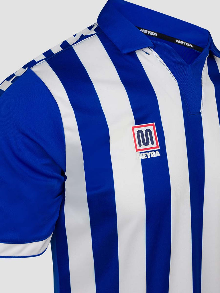 Meyba Men's Blue & White Alpha Stripe Football Match Jersey - close up of Meyba logo