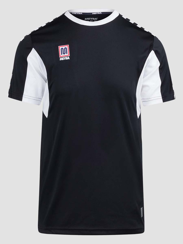 Black Men's Crew Neckline Football Training Jersey Top with white Meyba pattern across shoulders - front angle