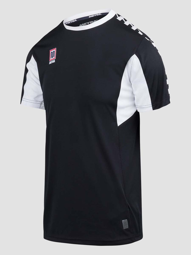 Black Men's Crew Neckline Football Training Jersey Top with white Meyba pattern across shoulders - side angle
