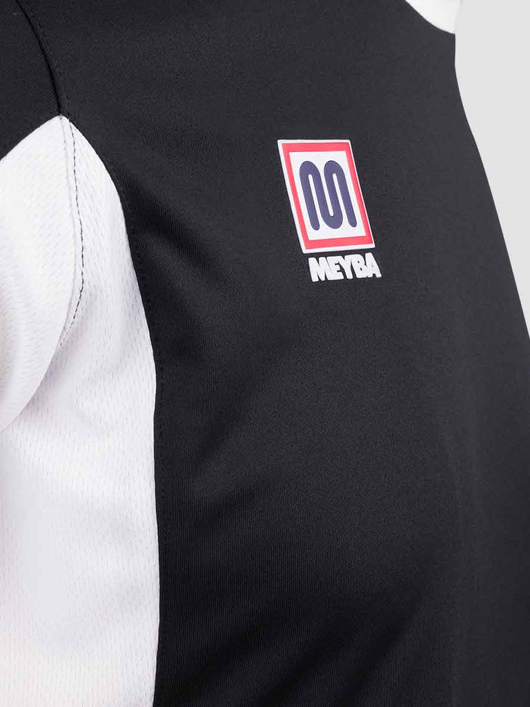 Black Men's Crew Neckline Football Training Jersey Top with white Meyba pattern across shoulders - close up angle