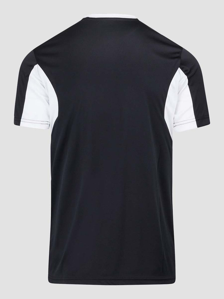 Black Men's Crew Neckline Football Training Jersey Top with white Meyba pattern across shoulders - back angle