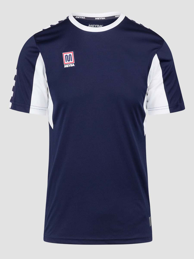 Navy Blue Men's Crew Neckline Football Training Jersey Top with white Meyba pattern across shoulders - front angle