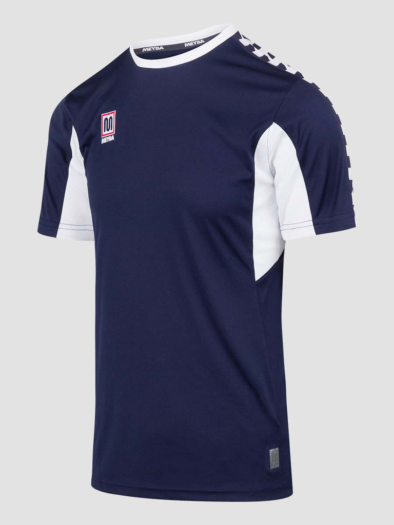 Navy Blue Men's Crew Neckline Football Training Jersey Top with white Meyba pattern across shoulders - side angle