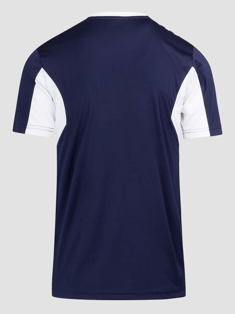 Navy Blue Men's Crew Neckline Football Training Jersey Top with white Meyba pattern across shoulders - back angle