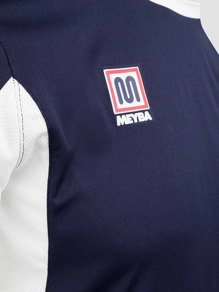 Navy Blue Men's Crew Neckline Football Training Jersey Top with white Meyba pattern across shoulders - close up angle