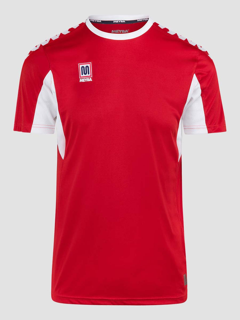 Red Men's Crew Neckline Football Training Jersey Top with white Meyba pattern across shoulders - front angle