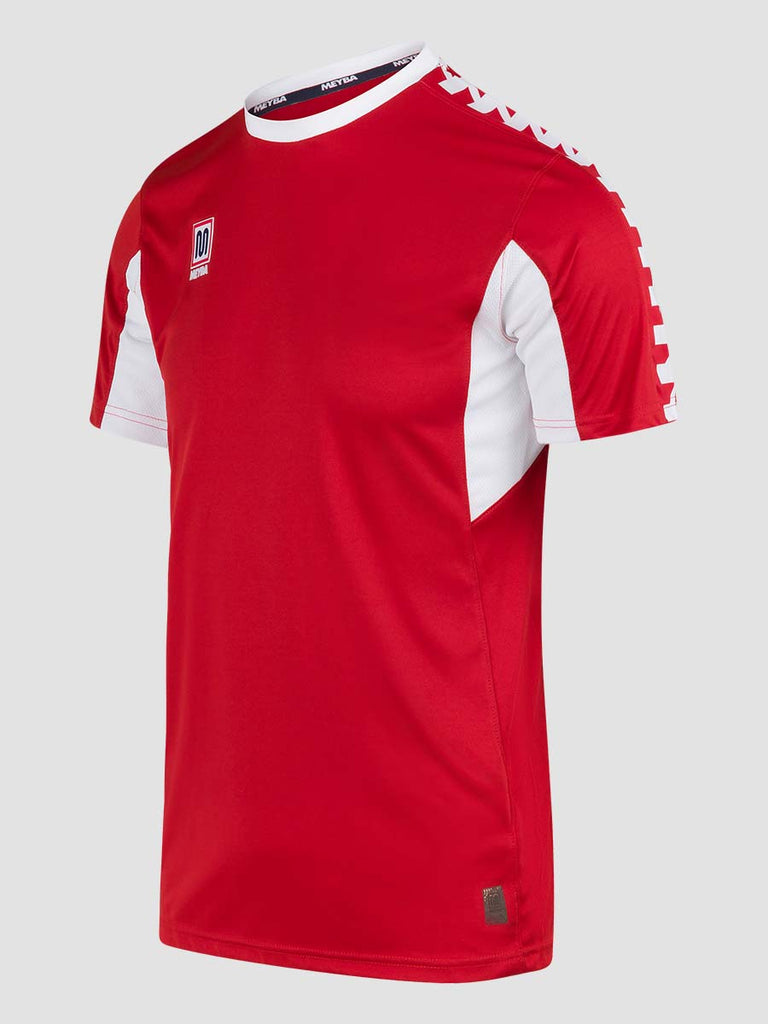 Red Men's Crew Neckline Football Training Jersey Top with white Meyba pattern across shoulders - side angle