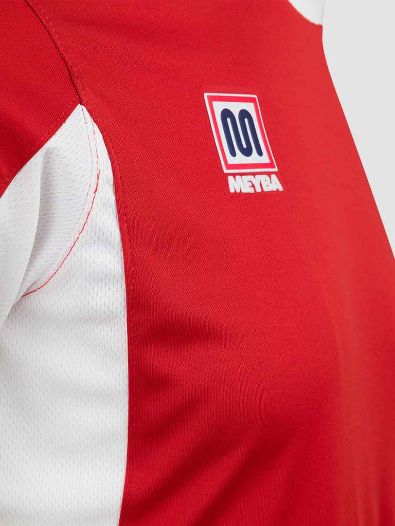 Red Men's Crew Neckline Football Training Jersey Top with white Meyba pattern across shoulders - close up angle