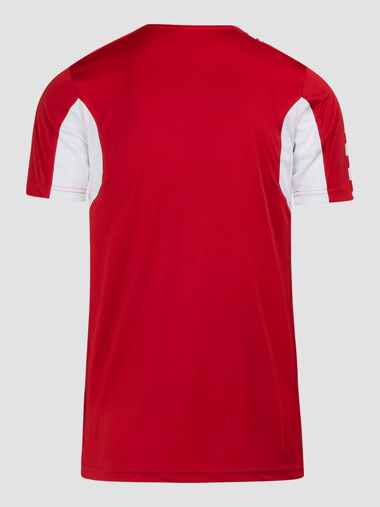Red Men's Crew Neckline Football Training Jersey Top with white Meyba pattern across shoulders - back angle