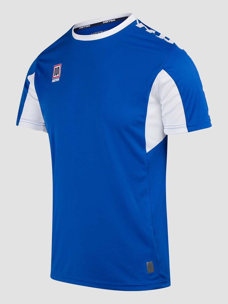 Royal Blue Men's Crew Neckline Football Training Jersey Top with white Meyba pattern across shoulders - side angle