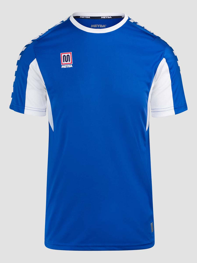 Royal Blue Men's Crew Neckline Football Training Jersey Top with white Meyba pattern across shoulders - front angle